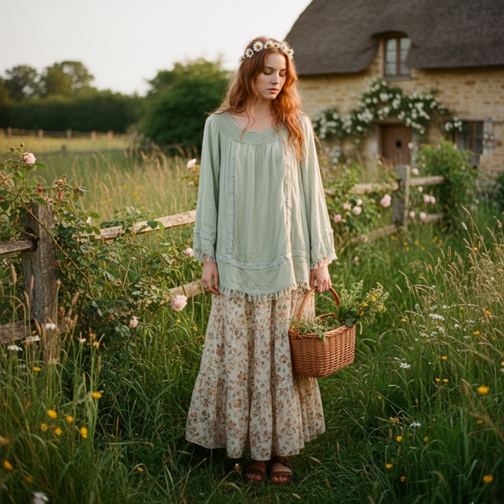 Doe & Rae Smocked Peasant Blouse | Boho • Cottagecore • Sage Green • M